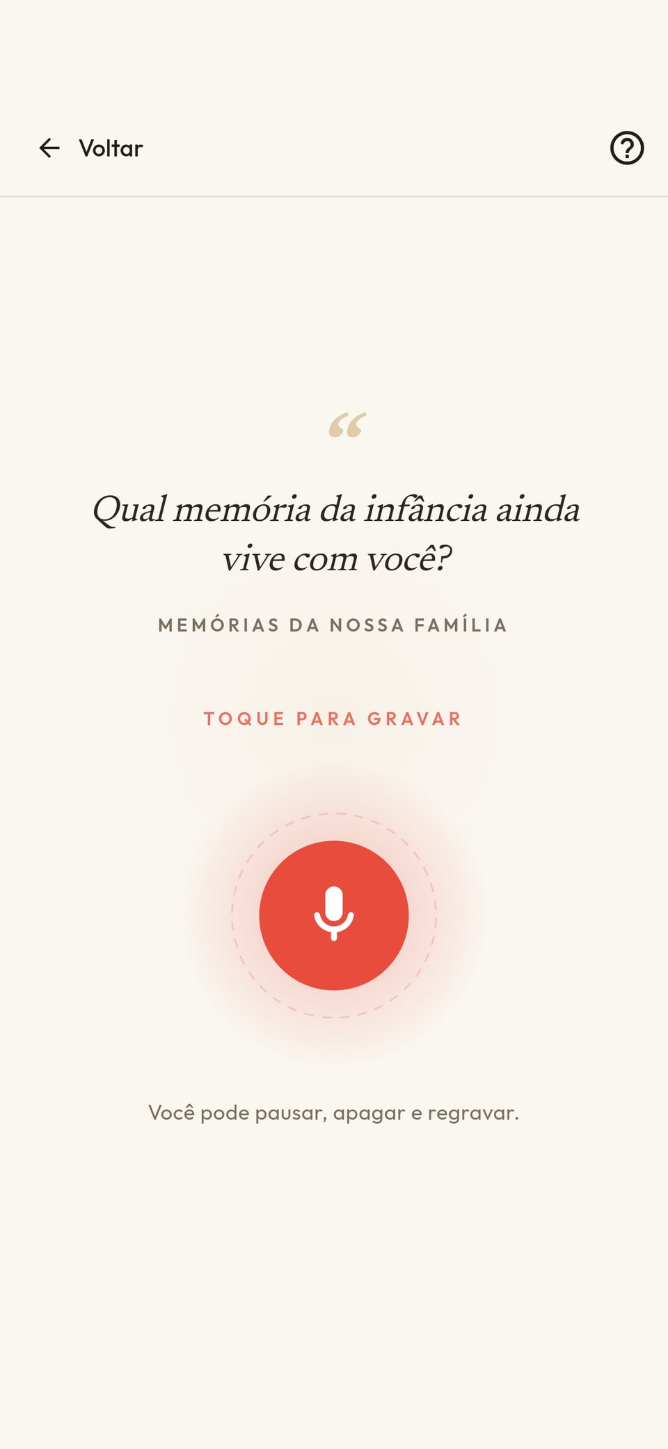 Tela do Relembrando pronta para gravar uma história
