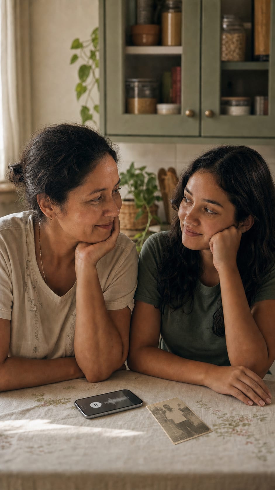 Mãe e filha conversando na cozinha, com uma foto antiga sobre a mesa